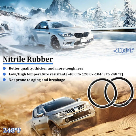 Nitrile rubber features for cars in extreme temperatures, showing car driving in snow and desert with temperature ranges.