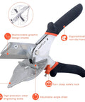 Replaceable Blade Miter Shears for Molding and Trim with non-slip handle and angle adjustment slider, includes ten blades.