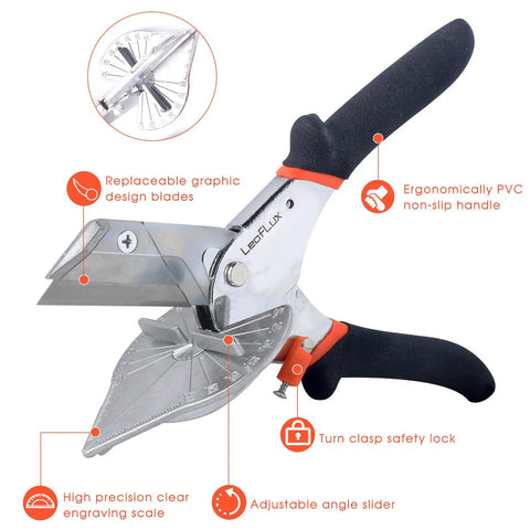 Replaceable Blade Miter Shears for Molding and Trim with non-slip handle and angle adjustment slider, includes ten blades.