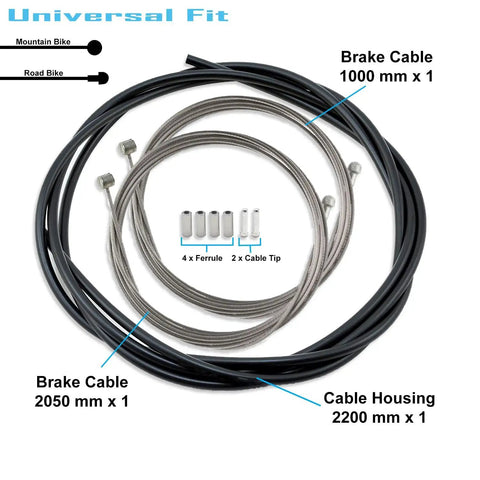 Universal Brake Cable Set For Mountain And Road Bikes With Stainless Steel Inner Wires For Ultra Smooth Braking And Rust Resistance Includes 1 Black 5 mm Housing At 2200 mm And Two 1.6 mm Cables At 1000 Mm displayed with cables and housing