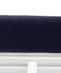 Close-up of Two Pack Navy Blue Pool Lounge Chair Covers With Waffle Weave Cotton Terry Towels on a white chair.