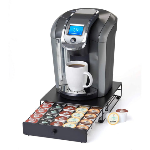 Under Coffee Pot Storage Sliding Drawer Space Saver For K Cup Pods, Black, 30 Pod Capacity, Non Rolling, Compact Counter Organizer For Home Kitchen Fits Most K Cup Pods, Keeps Counters Clean, Easy Slide, Non Slip Base, Black Finish