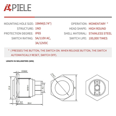 19mm Momentary Push Button Switch Waterproof Stainless Steel High Round Cap With High Flush Screw Terminals specifications chart
