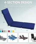 72 x 21 Inch Outdoor Chaise Lounge Cushions Set of 2 With Removable Covers 4-Section Design Water Repellent And Fade Resistant 6 Tie Straps Replacement For Patio And Pool Chairs In Navy, shown in navy with 4-section alignment and size dimensions.
