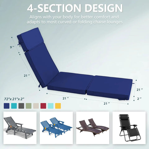 72 x 21 Inch Outdoor Chaise Lounge Cushions Set of 2 With Removable Covers 4-Section Design Water Repellent And Fade Resistant 6 Tie Straps Replacement For Patio And Pool Chairs In Navy, shown in navy with 4-section alignment and size dimensions.