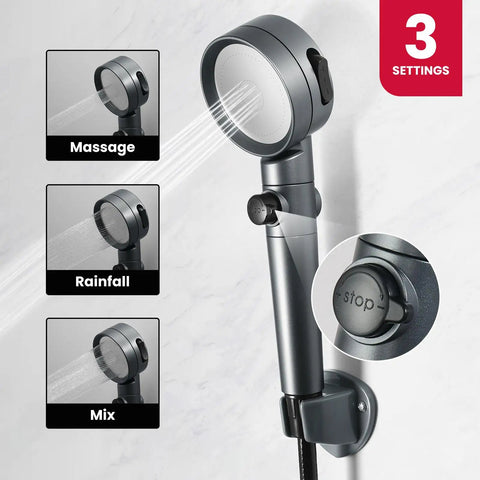 Showerhead with 3 settings displayed: massage, rainfall, mix. Portable Propane Tankless Water Heater For RV And Camping, 1.58 GPM, 6L