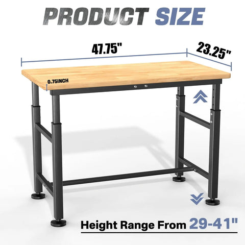 Heavy Duty Adjustable Height Workbench With Rubber Wood Top 47.75 Inch By 23.25 Inch Built Tough 2000 Pounds Load Capacity