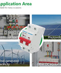 DC Miniature Circuit Breaker DZ47-63Z 500V 2 Pole 32A displayed with applications in distribution box, photovoltaic, wind energy