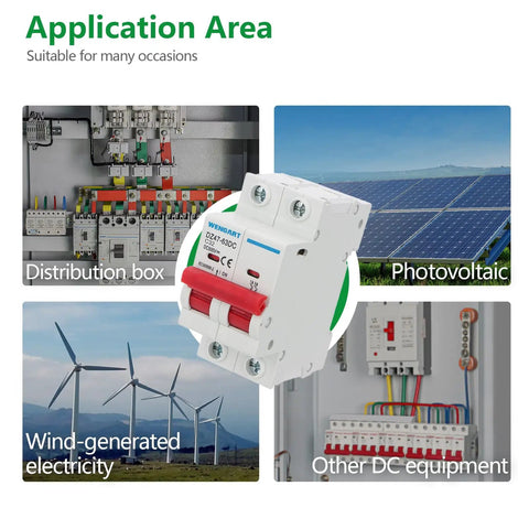 DC Miniature Circuit Breaker DZ47-63Z 500V 2 Pole 32A displayed with applications in distribution box, photovoltaic, wind energy