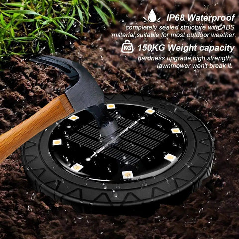 Solar Powered Outdoor LED Disk Lights 8 Pack IP68 Waterproof Non Slip Wear Resistant Pathway Lights Warm White hammer test