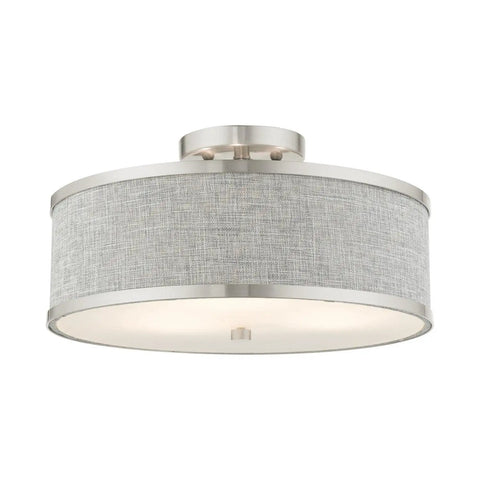 Park Ridge 3 Light Brushed Nickel Semi Flush Mount Ceiling Light with oatmeal hardback fabric shade 15 by 15 by 8 inches