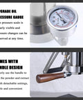 Rugged Hand Pressed Espresso Machine Using Manual Lever And Pressure Chamber Plus Portable Bottomless Coffee Maker For Zero Fuss Brewing, features pressure gauge and wooden handle.