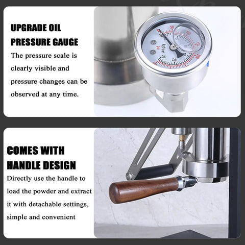 Rugged Hand Pressed Espresso Machine Using Manual Lever And Pressure Chamber Plus Portable Bottomless Coffee Maker For Zero Fuss Brewing, features pressure gauge and wooden handle.