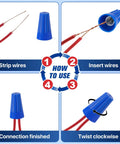 400 Piece Blue Twist On Wire Connectors Built Tough Electrical Wire Caps For 22 To 14 AWG Copper Conductors With Slick Finish And Dang Easy Install For Home Wiring Jobs instructions showing wire stripping and installation steps.