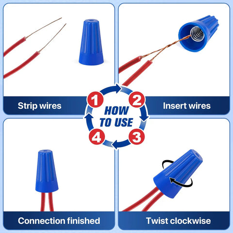 400 Piece Blue Twist On Wire Connectors Built Tough Electrical Wire Caps For 22 To 14 AWG Copper Conductors With Slick Finish And Dang Easy Install For Home Wiring Jobs instructions showing wire stripping and installation steps.