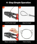 Four-step process using Heavy Duty Hand Swager Crimper 2 In 1 Tool for Copper and Aluminum Oval Sleeves. Cable crimping shown.