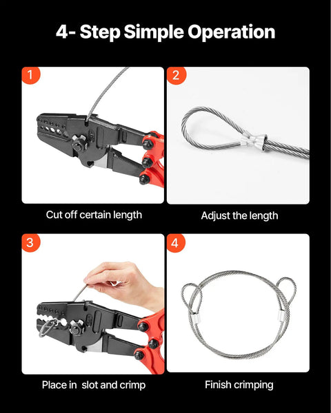 Four-step process using Heavy Duty Hand Swager Crimper 2 In 1 Tool for Copper and Aluminum Oval Sleeves. Cable crimping shown.