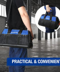 Person carrying 16 Inch Wide Mouth Tool Bag With Waterproof Molded Base, black and blue, heavy duty 600D polyester, durable.