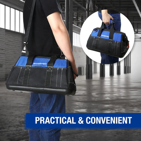 Person carrying 16 Inch Wide Mouth Tool Bag With Waterproof Molded Base, black and blue, heavy duty 600D polyester, durable.