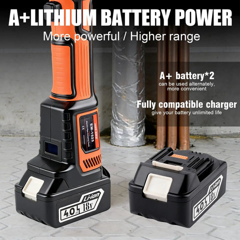 Badass Heavy Duty 18V Brushless Cordless Hydraulic Crimping Tool Kit With Swappable Dies showcasing A+ lithium battery power.