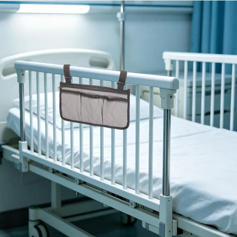 Bed Rail Hanging Organizer With Four Pockets For Bedside Essentials Grab And Go Caregiver Friendly Storage Pouch on hospital bed