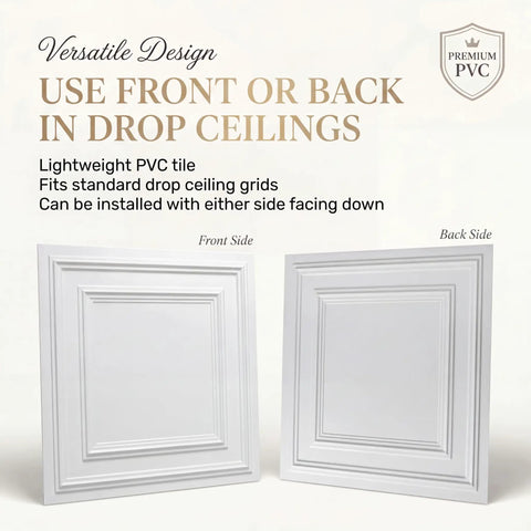 Economy PVC 2x2 Lay In Ceiling Tiles White Drop Ceiling Panels showing front and back design for versatile installations.