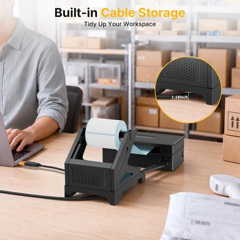 Thermal Label Holder For Rolls And Fan Fold Labels Desktop Label Dispenser For Thermal Printers Office And Home Must Have Wide Compatibility With Roll Labels Up To Four Point Seven Six Inch Wide And Six Inch Outer Diameter Black, black label holder on desk with cable storage