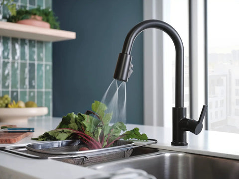 Three-Function Pull-Down Kitchen Faucet With POWERinse Technology Delivers Extra Cleaning Power, High-Arc Gooseneck Design
