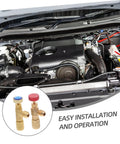 Heavy Duty Brass Refrigerant Valve Adapter Swaps R410 To R22 Smooth As Silk For Car Ac And Ev Coolers No Sweat Plug Right In Quick Install Fitting Kit With Injector next to car engine components.