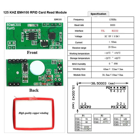 Diagram of RDM6300 125kHz RFID Card Read Module With EM4100 Support For Arduino showing front, back, specifications, and dimensions.
