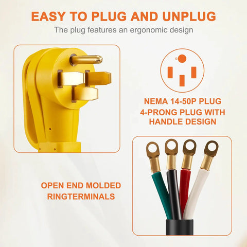 Heavy Duty Nema 14-50 Range Power Cord Stove Dryer Plug And Play 6 Awg 4 Wire Pigtail with ergonomic handle and molded ring terminals.