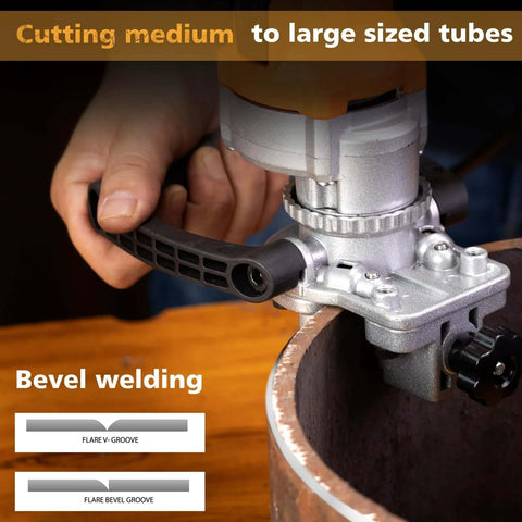 Handheld chamfer tool; metal body with black ergonomic handle beveling a pipe edge (side view)
