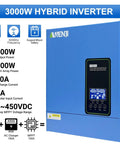 3000W Hybrid Solar Inverter 24V DC To 110V AC With Pure Sine Wave Output, Built-In 80A MPPT Controller, Battery-Less Or AGM Lithium Ready, Supports Up To 4kW PV Input and 100A Solar Charging, Off-Grid Home Backup Power Solution in blue casing with control panel.