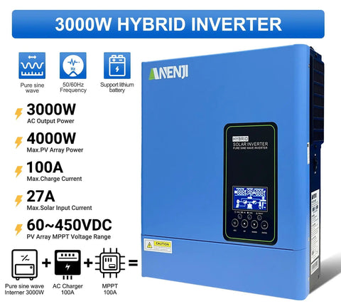 3000W Hybrid Solar Inverter 24V DC To 110V AC With Pure Sine Wave Output, Built-In 80A MPPT Controller, Battery-Less Or AGM Lithium Ready, Supports Up To 4kW PV Input and 100A Solar Charging, Off-Grid Home Backup Power Solution in blue casing with control panel.