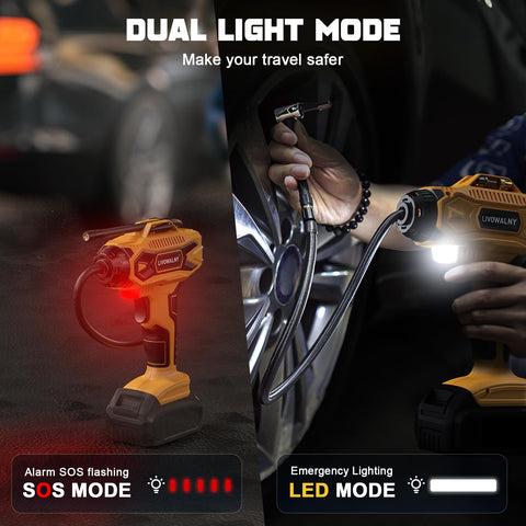 20V Cordless Tire Inflator And Air Compressor With 160 PSI showing dual light mode, person inflating car tire
