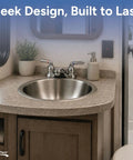 Bathroom setup with stainless steel RV oval sink, single bowl 10x13 inch, 1.5 inch drain, no faucet included, rust-resistant.