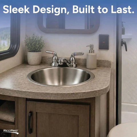 Bathroom setup with stainless steel RV oval sink, single bowl 10x13 inch, 1.5 inch drain, no faucet included, rust-resistant.