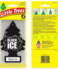 Front and back views of Little Trees Black Ice car air freshener in yellow packaging; tree-shaped black air freshener.