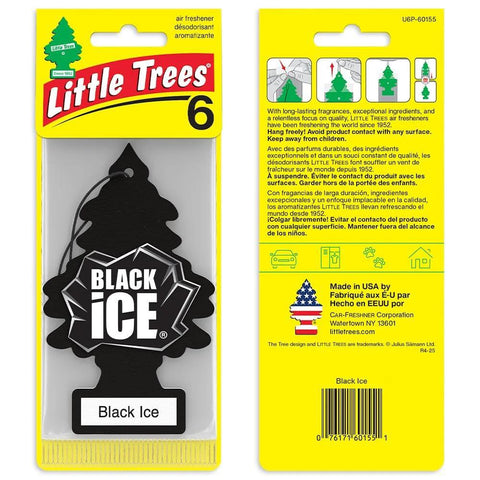 Front and back views of Little Trees Black Ice car air freshener in yellow packaging; tree-shaped black air freshener.