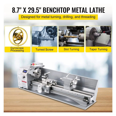 Compact 750W Mini Metal Lathe Machine With Infinitely Variable Speed Control And Bright LED Light For Precision Facing Turning Drilling And Threading Tasks showing gyroscope processing and various turning types.