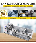 Rock Solid Mini Metal Lathe Machine 8.7 X 29.5 Inch showing gyroscope processing, turned screw, slot turning, taper turning.