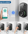 Smart Door Knob Lock With Keypad And Fingerprint Five In One Access App Bluetooth Control Personal Passcodes Keycard Key Fob And Mechanical Key No Drill Digital Lock For Front And Indoor Doors shown in black aluminum alloy with app control.
