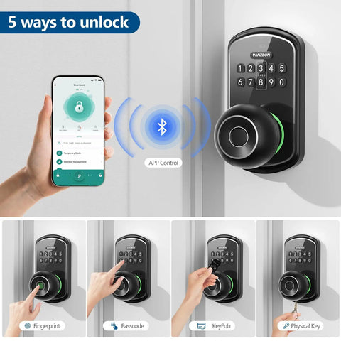 Smart Door Knob Lock With Keypad And Fingerprint Five In One Access App Bluetooth Control Personal Passcodes Keycard Key Fob And Mechanical Key No Drill Digital Lock For Front And Indoor Doors shown in black aluminum alloy with app control.
