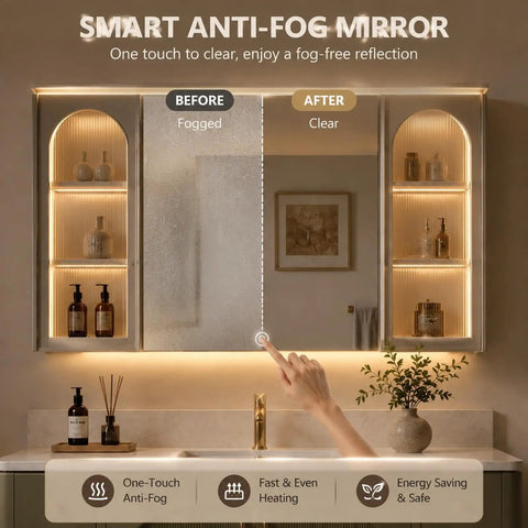 Slick Modern Freestanding Bathroom Vanity In Muted Sage With Frosted Led Mirror Cabinet And Warm Gold Trim Delivering Plenty Of Storage For A Total Bathroom Glow Up, showcasing Smart Anti-Fog Mirror functionality.