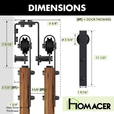 Dimensions diagram of Black Rustic Double Track U-Shape Bypass Sliding Barn Door Hardware Kit For Three Doors, 12ft Flat Track