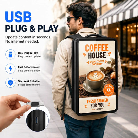 Hella Bright 21 5 Inch Lcd Backpack Mobile Ads showing a USB plug for easy content updates, worn by a man outdoors.