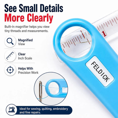Automatic Needle Threader Tool With Built In Magnifier And Scale For Quick Sewing, Quilting, Embroidery And DIY Projects, No Fuss Threading In Seconds, Red; blue close-up with inch scale
