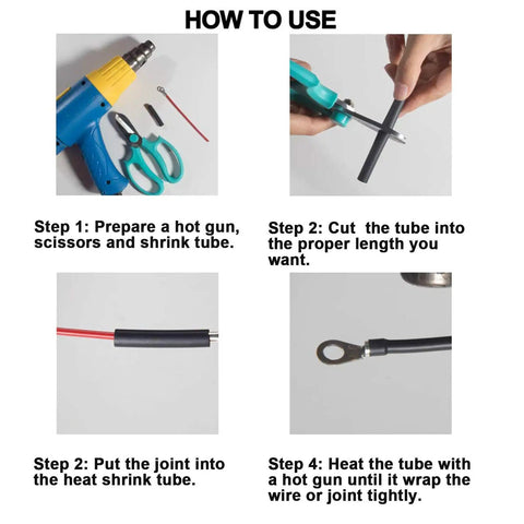 How to use Waterproof Heat Shrink Tubing Kit Three To One Dual Wall Adhesive showing steps with tools and tube