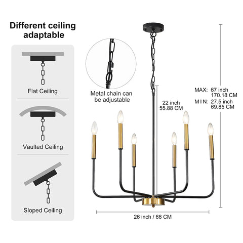 Farmhouse Six Light Chandelier In Black And Gold Dope Modern Candle Pendant Lights for dining room ceiling adaptability chart