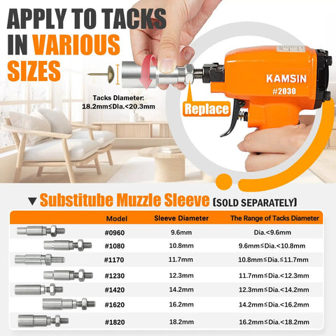 Dope Lightweight Pneumatic Decorative Nailer For Upholstery And Furniture With interchangeable muzzle sleeves and tack sizes chart.